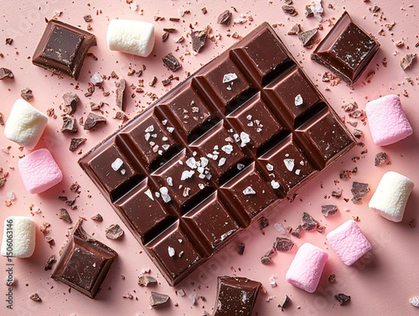 Obraz Flat Lay of Dark Chocolate Bar with Pastel Marshmallows and Sea Salt