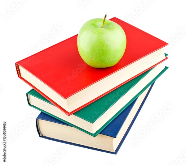 Fototapeta Stack of books and apple isolated on transparent background. PNG format