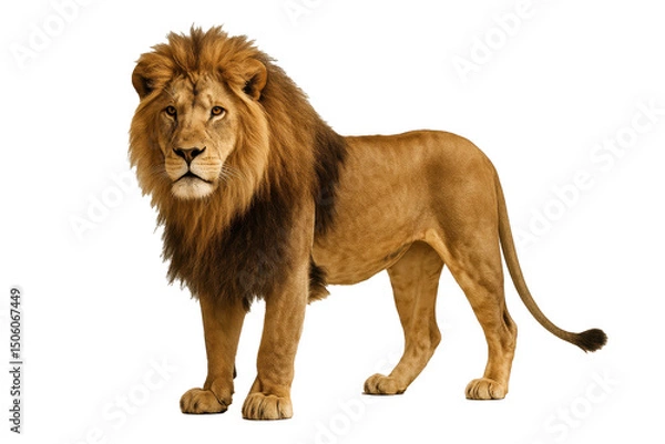 Fototapeta Majestic male lion standing in profile view isolated on transparent background
