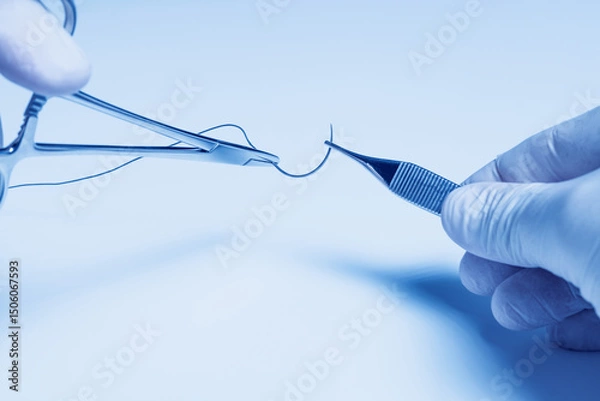 Obraz Operator hands holding a surgical needle threaded with non-absorbable suture. Sharp point and fine thread against a white background.