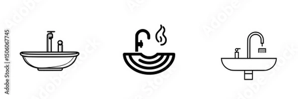 Fototapeta Icon set featuring various sink designs, suitable for kitchen and bathroom applications, highlighting modern faucet styles and shapes