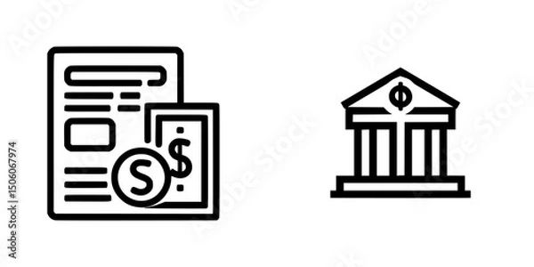 Fototapeta Icon set featuring financial documents and bank building symbols for monetary representation and transactions