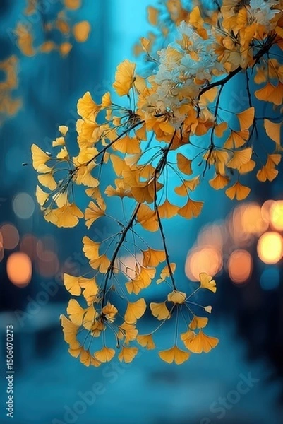 Obraz Golden ginkgo leaves glowing against a dreamy blue background — ideal for wellness themes, spiritual designs, nature-inspired branding, or poetic editorial illustrations.