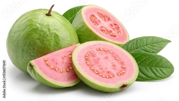 Fototapeta A close up of whole and sliced guavas with green leaves on a white surface in a studio setting created with generated ai