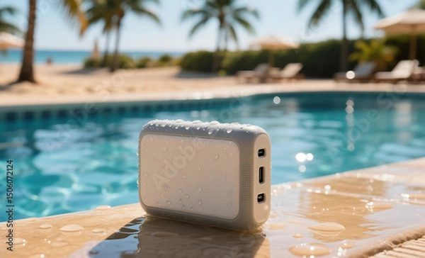 Fototapeta Water-Resistant Portable Power Bank with Droplets by Swimming Pool Edge with Beach and Palm Trees Background