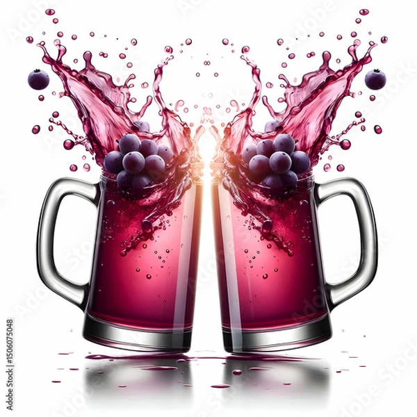 Fototapeta Two grape juice mugs toasting creating splash isolated on white background 