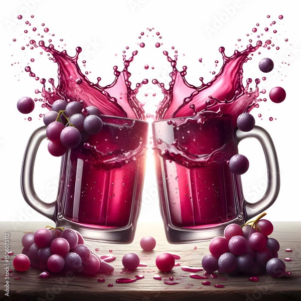 Fototapeta Two grape juice mugs toasting creating splash isolated on white background 