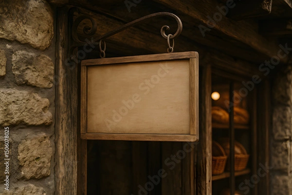 Fototapeta A Mockup with a vintage-style wooden signboard hangs outside a stone bakery with loaves visible through the window. The sign is blank, ready for your logo or lettering.