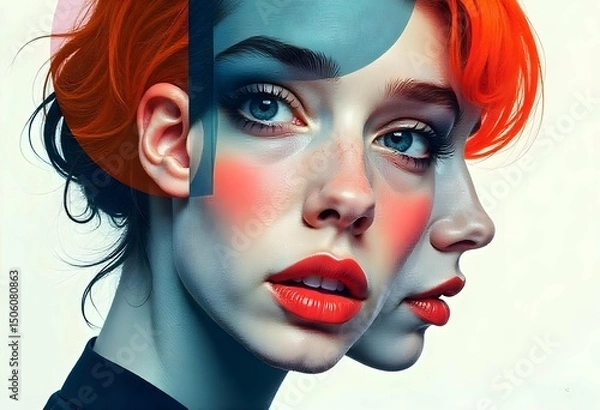 Fototapeta Abstract illustration combining human facial expressions with design elements — overlapping geometric shapes, emotional faces embedded in art, vibrant color palette, modern art poster style, isolated 