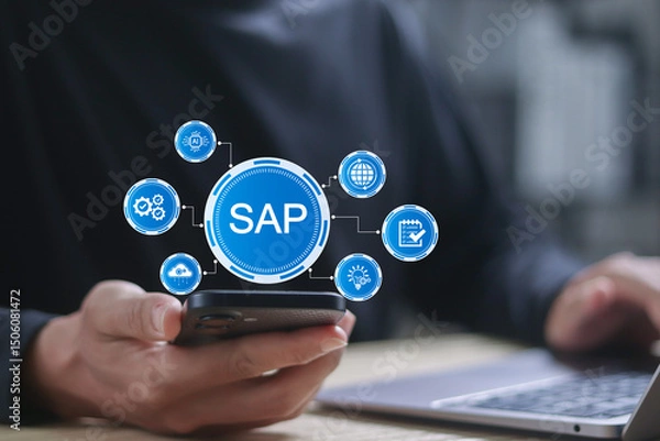 Fototapeta SAP enterprise software concept. Data processing systems, applications and products. Businessman working with SAP software on computer laptop and smartphone.