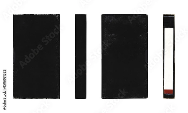 Obraz VHS videocassette in black black cover sleeve, multiple angles, mockup with blank space on transparent background