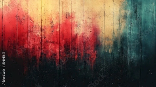 Fototapeta Abstract wooden planks backdrop featuring striking red, yellow, and teal hues, creating a vivid, textured effect