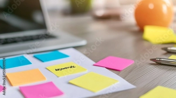 Fototapeta Brainstorming important words for online search optimization planning using colorful sticky notes arranged on a desk beside a laptop.