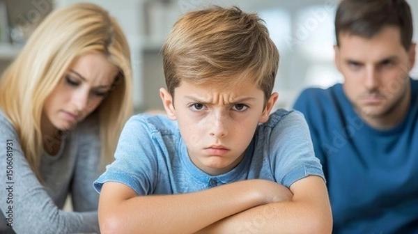Obraz Angry boy with crossed arms and parents behind him looking sad, illustrating family dispute or difficulty at home indoors.