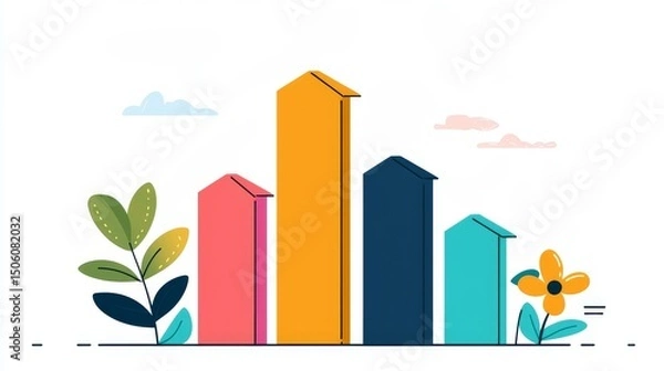 Obraz Colorful abstract illustration depicting housing market growth or property value increases with buildings forming a bar chart.