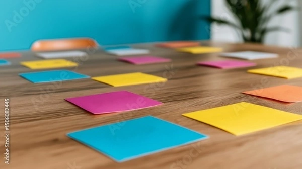Obraz Numerous small vibrant square papers are scattered randomly across a wooden table, suggesting a collaborative planning or brainstorming session.