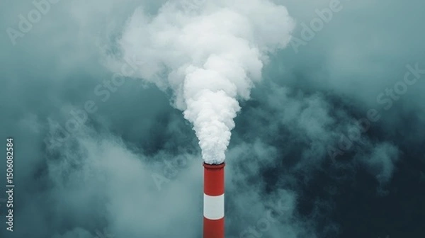 Obraz Thick white smoke rises from an industrial chimney stack into a dark and cloudy atmosphere, representing air pollution.