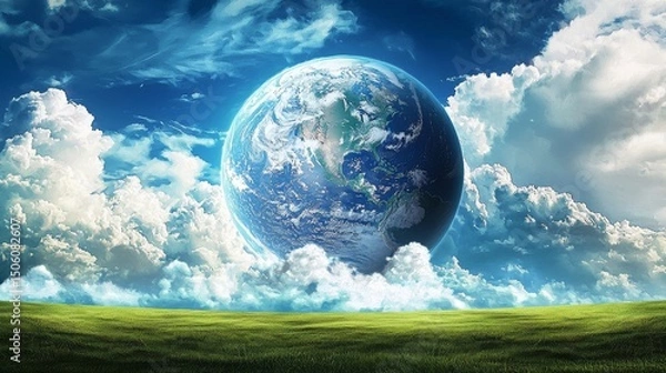 Obraz The majestic earth sphere is dramatically presented amidst swirling clouds floating over a lush, vibrant green grassy landscape.