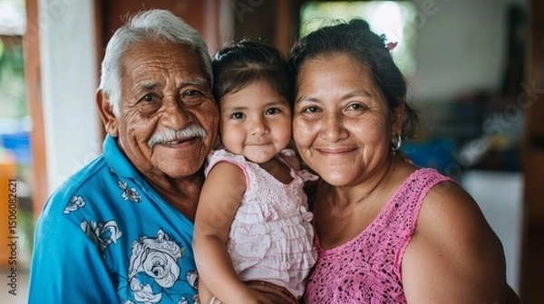 Obraz This heartwarming portrait shows a multi-generational family with an elderly man, adult woman, and young child smiling happily at the camera.