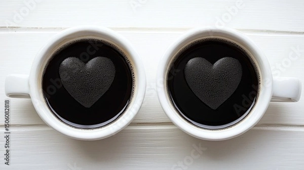 Obraz Two white ceramic cups are filled with dark coffee, each featuring a perfect heart shape formed by delicate foam on the surface.