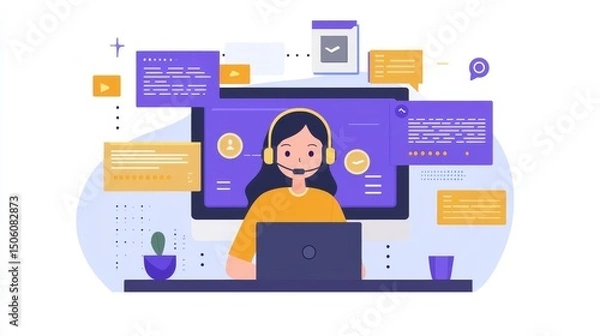 Obraz Young woman wearing headset provides professional online customer support using computer screen interface details.