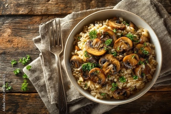 Obraz Creamy mushroom risotto served in a rustic bowl, styled with fresh herbs and natural light – ideal for cookbooks, restaurant menus, or food blogs.
