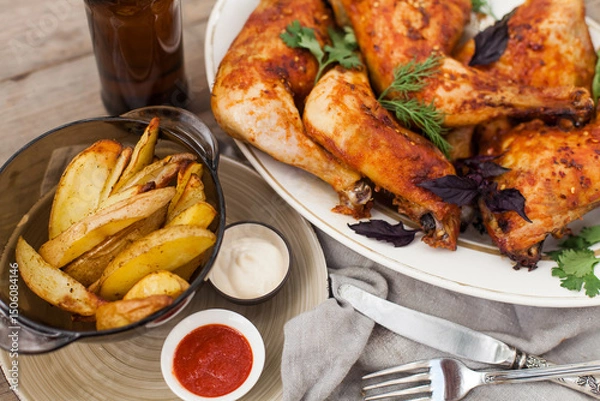 Fototapeta Top-down view of pub food: baked chicken drumsticks, rustic fries, sliced pickles, sauces, and beer. Cozy and casual atmosphere. Perfect for menus, blogs, or food delivery visuals
