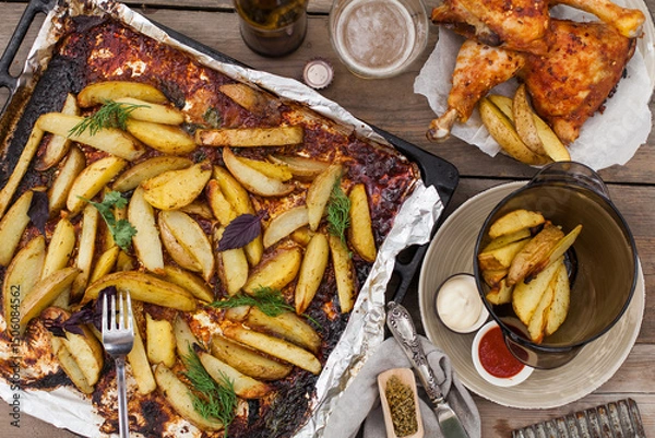 Fototapeta Top-down view of pub food: baked chicken drumsticks, rustic fries, sliced pickles, sauces, and beer. Cozy and casual atmosphere. Perfect for menus, blogs, or food delivery visuals