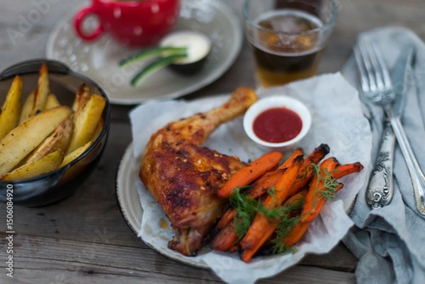 Fototapeta Top-down view of pub food: baked chicken drumsticks, rustic fries, sliced pickles, sauces, and beer. Cozy and casual atmosphere. Perfect for menus, blogs, or food delivery visuals
