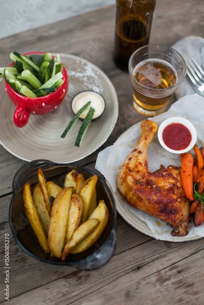 Fototapeta Top-down view of pub food: baked chicken drumsticks, rustic fries, sliced pickles, sauces, and beer. Cozy and casual atmosphere. Perfect for menus, blogs, or food delivery visuals