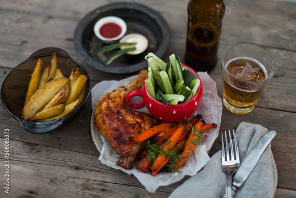 Fototapeta Top-down view of pub food: baked chicken drumsticks, rustic fries, sliced pickles, sauces, and beer. Cozy and casual atmosphere. Perfect for menus, blogs, or food delivery visuals