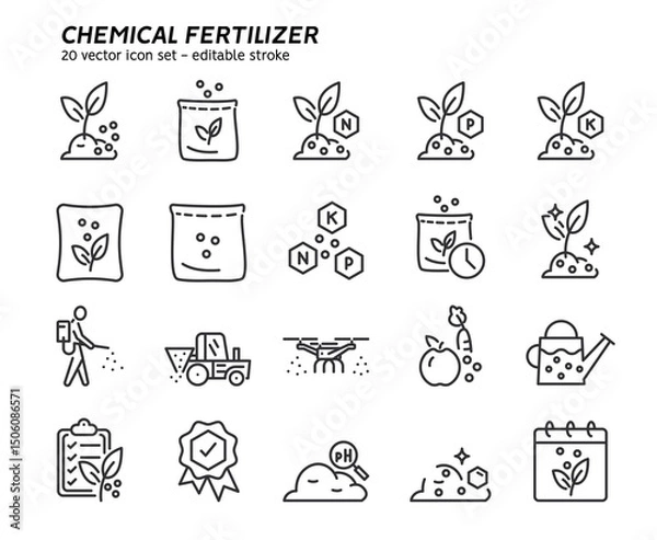 Obraz Plant fertilizer. Fertilizer in fertile soil, soil pH test, farming and agriculture icon set. Collection of fertilizer bag and spreader, vegetable, compost vector flat outline icons. Editable stroke