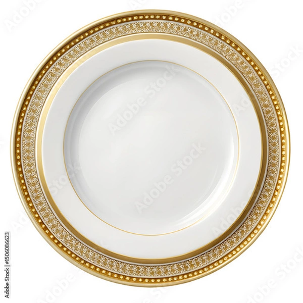 Fototapeta White Plate With Golden Border Isolated On Transparent Background