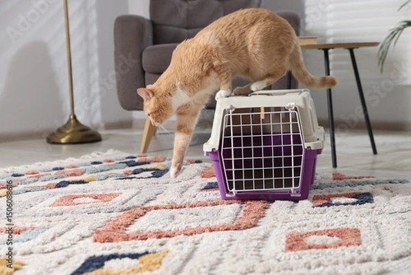 Obraz Cute cat and pet carrier on floor at home