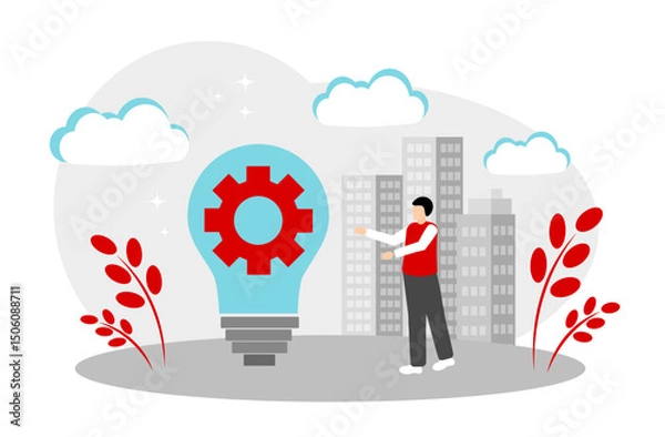 Fototapeta A light bulb and a gear. The concept of a new idea, solving problems and complex tasks.