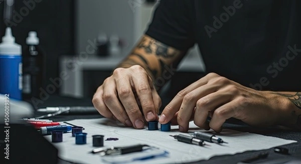 Obraz Man arranging small ink pots on a table with tattoo equipment visible hands and arm tattoos a focused work environment