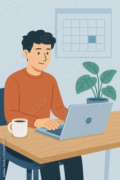 Obraz Freelancer working from home using laptop and drinking coffee