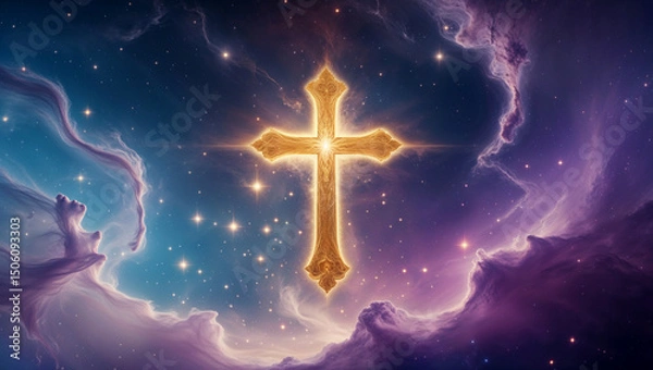 Fototapeta Mysterious golden cross floating inside a nebula in deep space