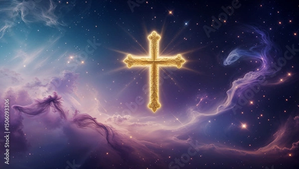 Fototapeta Mysterious golden cross floating inside a nebula in deep space