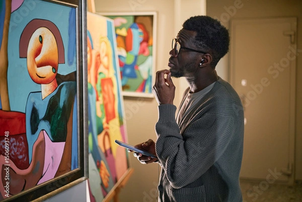 Fototapeta Individual examining an abstract painting in an art gallery. Holding a digital device, engaged in contemplation and study of the artwork, reflecting keen interest