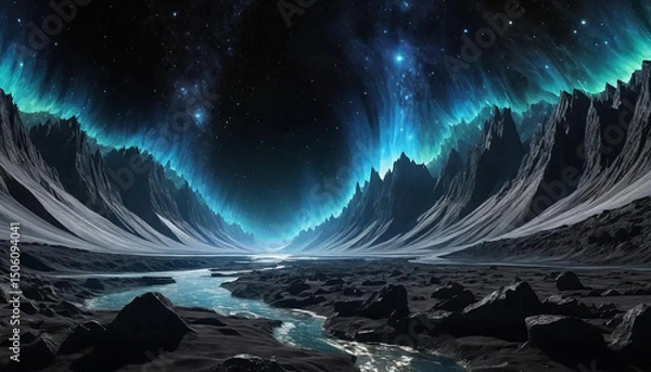 Obraz Dark matter rivers flowing through radiant crystal valleys carved by solar wind and stellar tide.