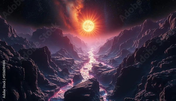 Obraz Dark matter rivers flowing through radiant crystal valleys carved by solar wind and stellar tide.