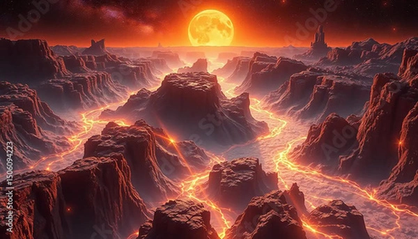 Obraz Dark matter rivers flowing through radiant crystal valleys carved by solar wind and stellar tide.