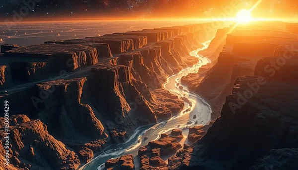 Obraz Dark matter rivers flowing through radiant crystal valleys carved by solar wind and stellar tide.