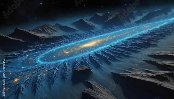 Obraz Dark matter rivers flowing through radiant crystal valleys carved by solar wind and stellar tide.