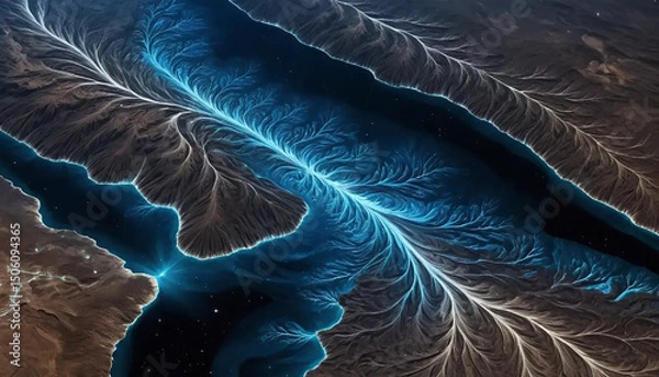 Obraz Dark matter rivers flowing through radiant crystal valleys carved by solar wind and stellar tide.