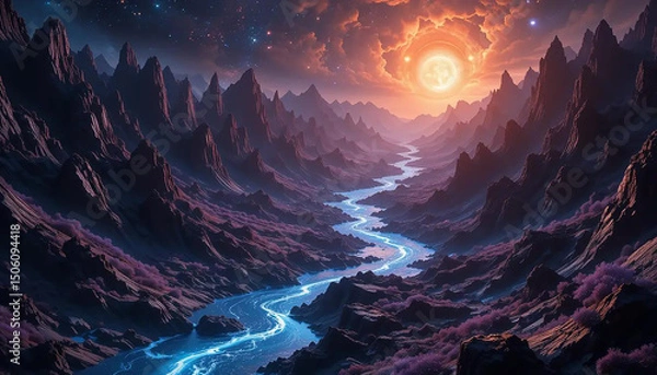 Obraz Dark matter rivers flowing through radiant crystal valleys carved by solar wind and stellar tide.