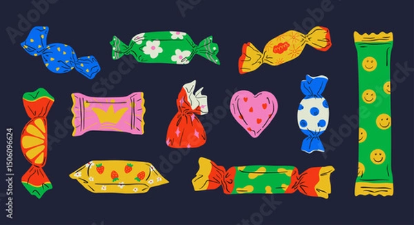 Fototapeta Various cartoon candy set. Abstract flat chocolate candies, colorful wrapped toffee bonbon icons for logo design, modern dessert elements. Vector sweets collection