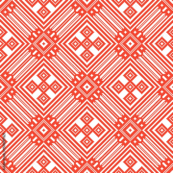 Fototapeta Repeating seamless pattern with slavic symbols of mother. Flat style in red and white traditional colors.