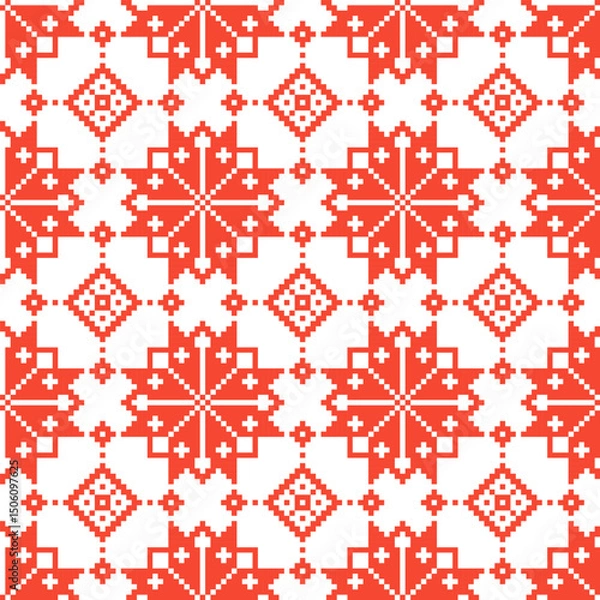 Fototapeta Repeating seamless pattern with slavic symbols of human and labor. Flat style in red and white traditional colors.